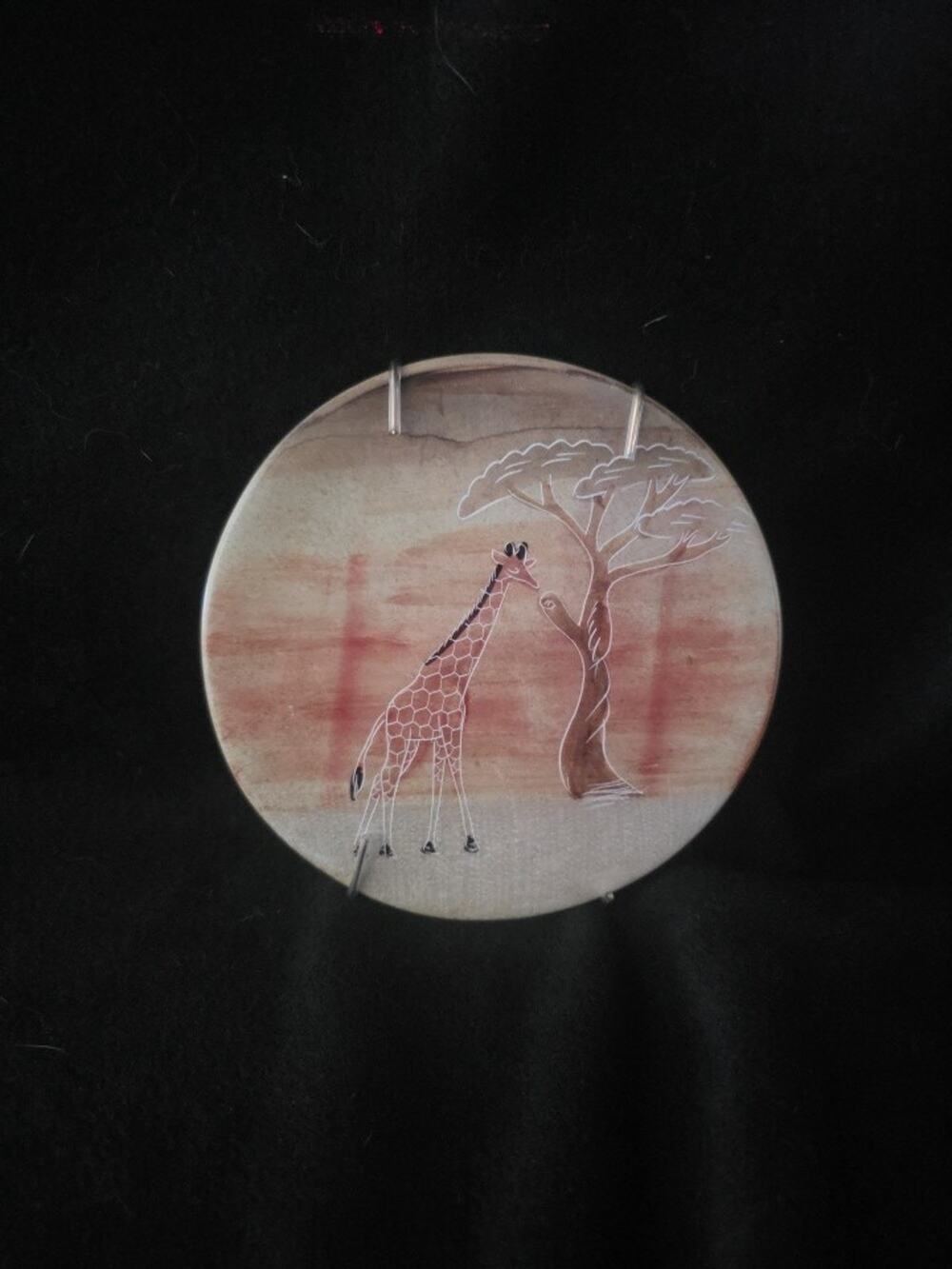 African Safari Giraffe Soapstone Plate Hand Etched & Painted Decor 6.25"